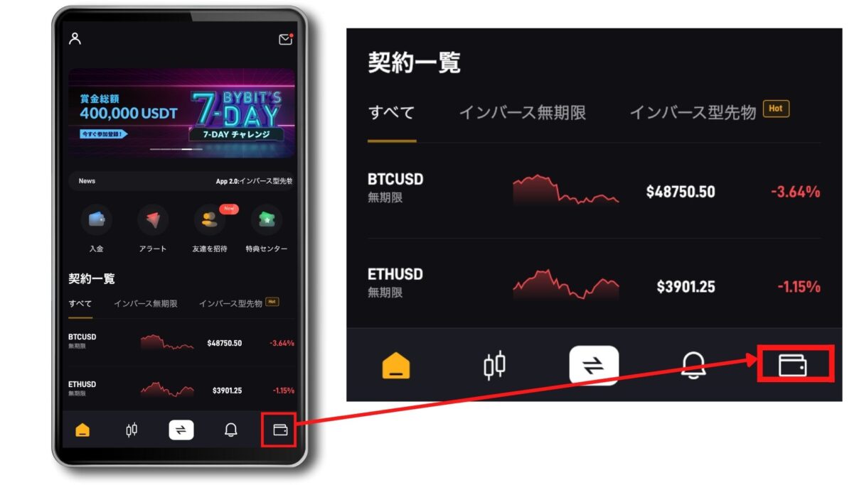 bybitアプリで入金する方法の解説画像